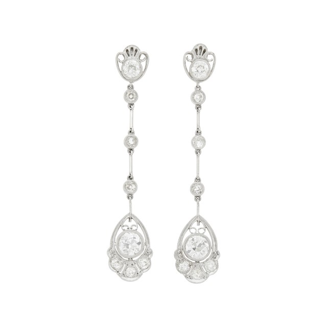 Pair of Platinum and Diamond Pendant-Earrings