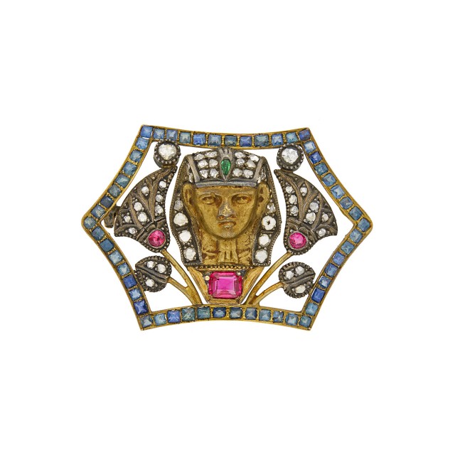 Egyptian Revival Gold, Silver, Diamond and Gem-Set Pharaoh Brooch