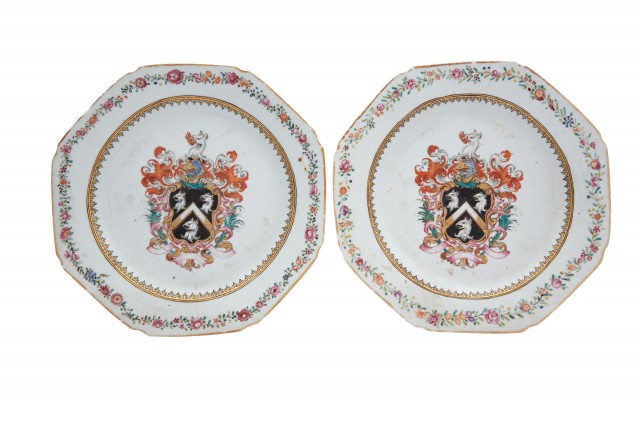 Pair of Chinese Export Armorial Porcelain Octagonal Plates