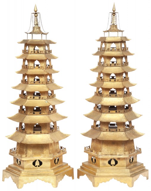 Pair of Asian Gilt Metal Pagoda Ornaments