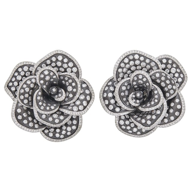 Michele della Valle Pair of White Gold, Anodized Titanium and Diamond Flower Earclips