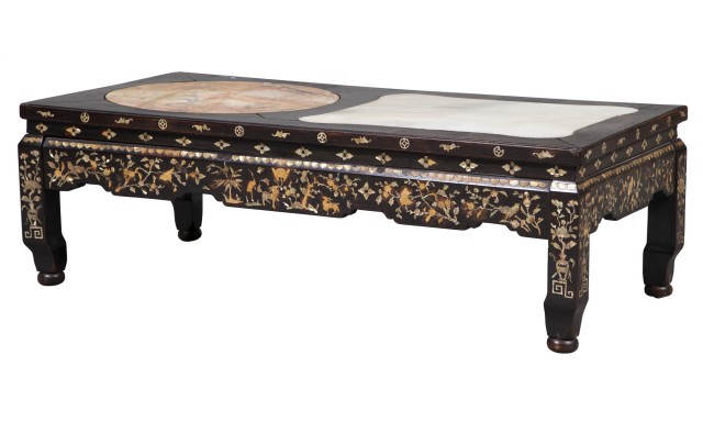 A Korean Marble and Shell-Inset Hardwood Low Table