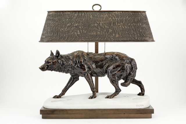 Patinated Bronze and Marble Group of a Wolf in Snow