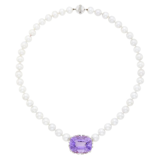Tiffany and Co., Paloma Picasso Cultured Pearl, White Gold, Amethyst, and Diamond 'Kiss' Necklace