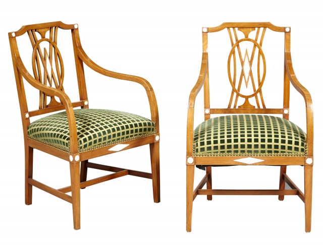 Pair of Russian Neoclassical Faux Ivory-Mounted Mahogany Armchairs