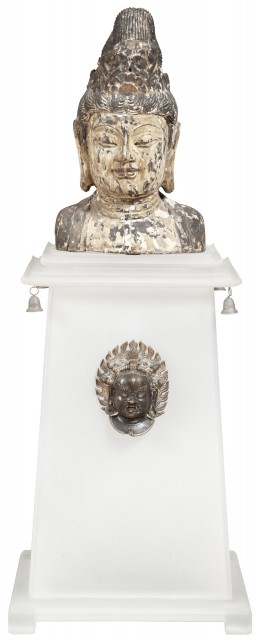 Chinese Carved and Polychromed Wood Bust of Guanyin