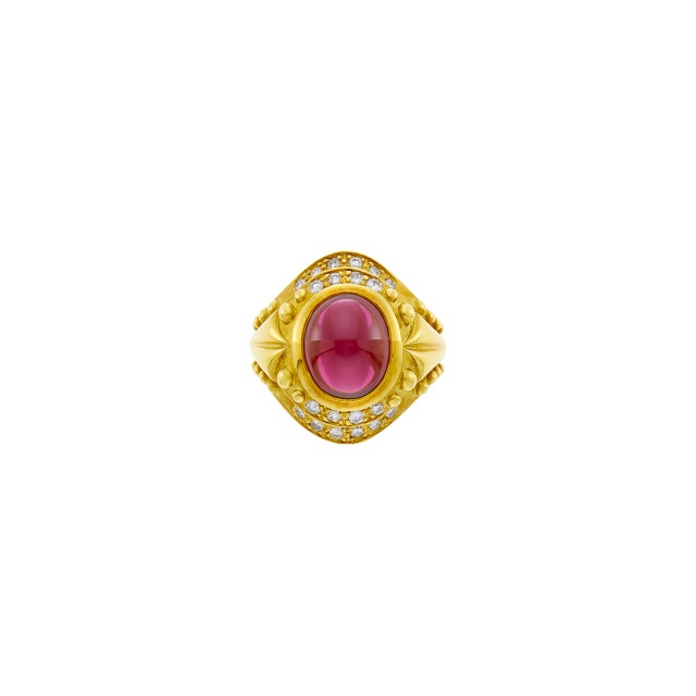 Gold, Cabochon Rubellite and Diamond Ring