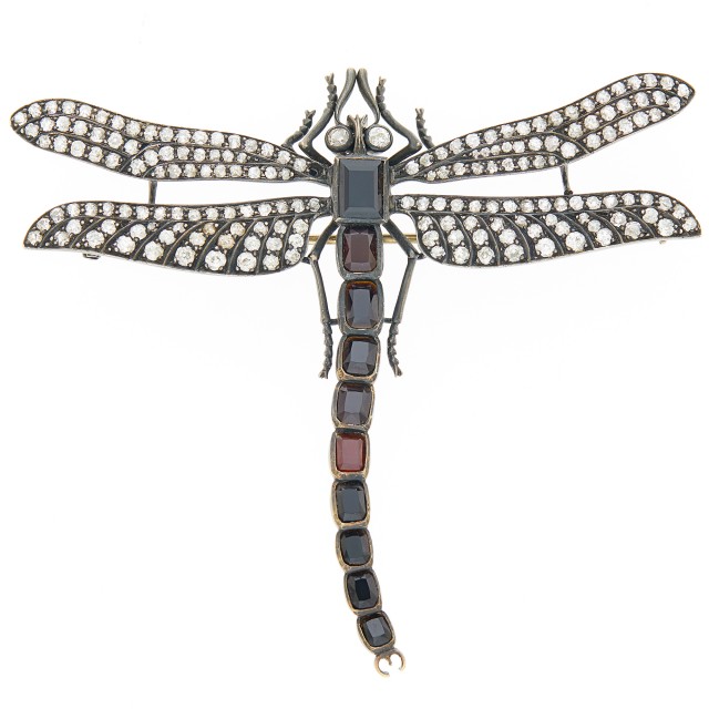Silver, Diamond, Garnet and Black Stone Dragonfly Brooch