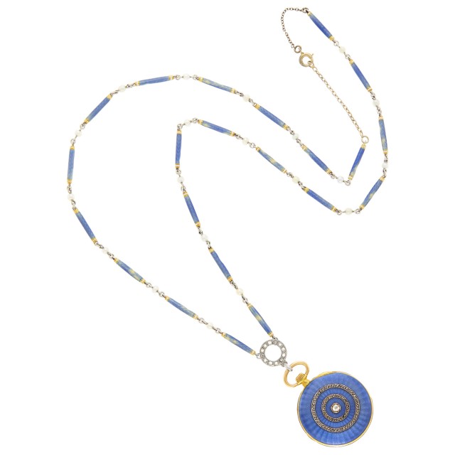 Gold, Platinum, Blue Guilloché Enamel, Diamond and Seed Pearl Pendant-Watch Necklace