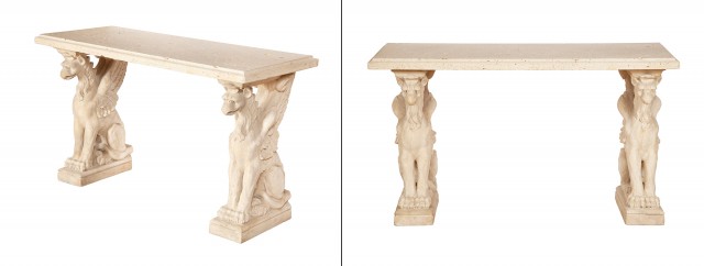 Pair of Neoclassical Style Fossiliferous Limestone and Cast Stone Consoles