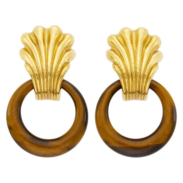 Andrew Clunn Pair of Gold and Tiger's Eye Hoop Pendant-Earclips