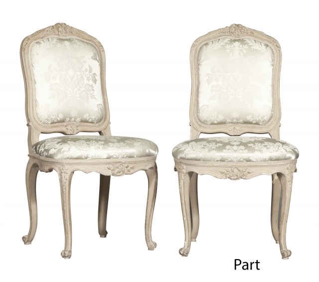 Set of Six Louis XVI Style Upholstered Carved Painted Wood Side Chairs