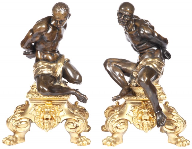 Pair of Louis XIV Style Gilt- and Patinated-Bronze Chenets