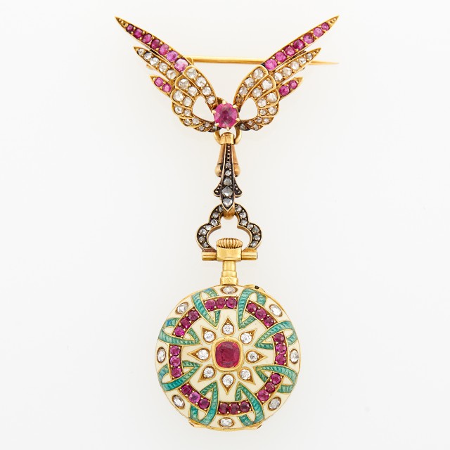 Antique Gold, Ruby, Diamond and Enamel Lapel-Watch