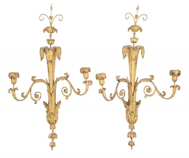 Pair of George III Style Giltwood and Gilt-Metal Two-Light Wall Lights