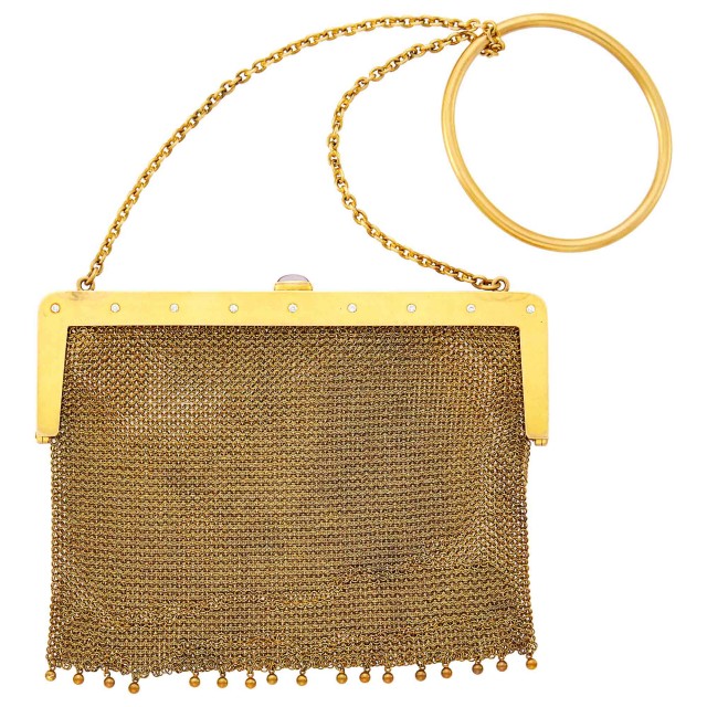 Gold, Diamond and Cabochon Amethyst Mesh Purse with Carrying Chain and Bangle Bracelet Handle