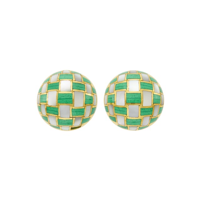 Tiffany and Co. Pair of Gold, Mother-of-Pearl and Malachite Checkerboard Bombé Button Earclips