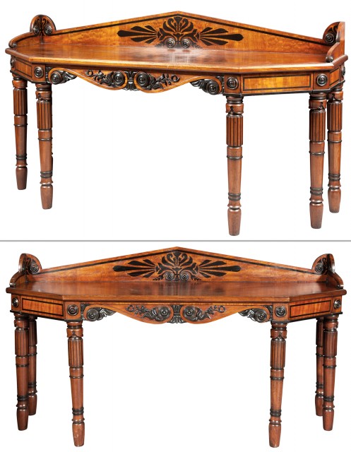 Pair of Regency Inlaid Mahogany, Ebony and Part-Ebonized Serving Tables