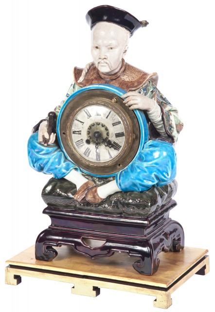 French Faience Figural Clock by Jules Vieillard and Cie, Bordeaux