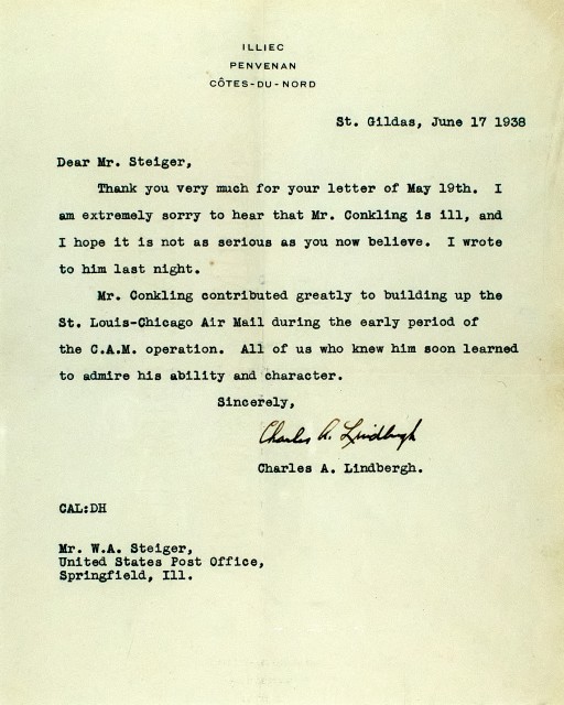 LINDBERGH, CHARLES  Typed letter signed mentioning early airmail service.