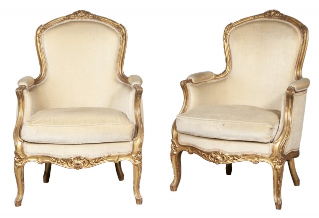 Pair of Louis XV Style Velvet-Upholstered Giltwood Bergères