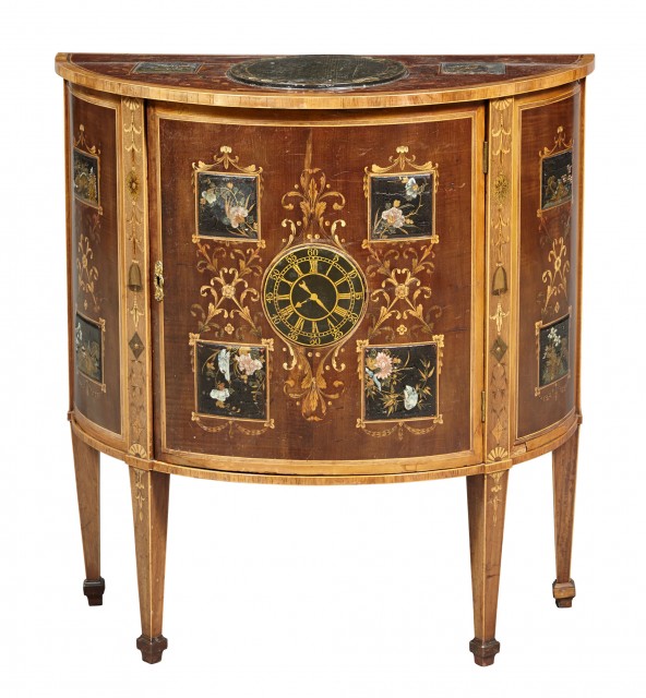 Dutch Harewood, Tulipwood and Marquetry Papier-Mache Mounted Commode