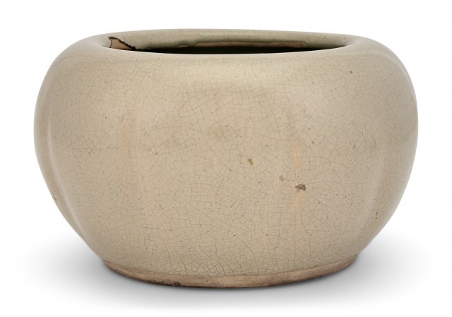 A Chinese Crackle Glazed Melon-Shaped Pottery Alms Bowl