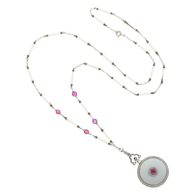 Platinum, Gold, Guilloché Enamel, Cabochon Ruby and Diamond Pendant-Watch Necklace