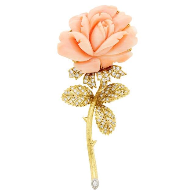 Gold, Platinum, Carved Angel Skin Coral and Diamond Flower Clip-Brooch