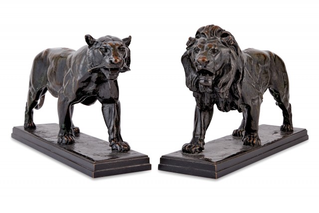 Antoine Louis Barye Bronze Figures of Walking Lion and Walking Tiger