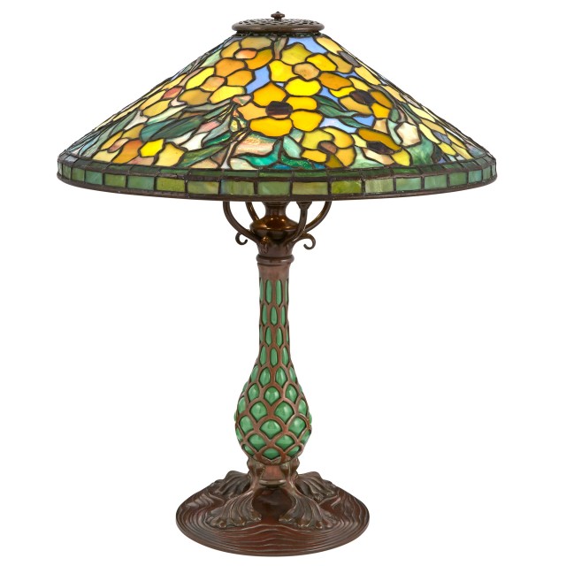 Tiffany Studios Reticulated Bronze and Leaded Glass Alamander Lamp