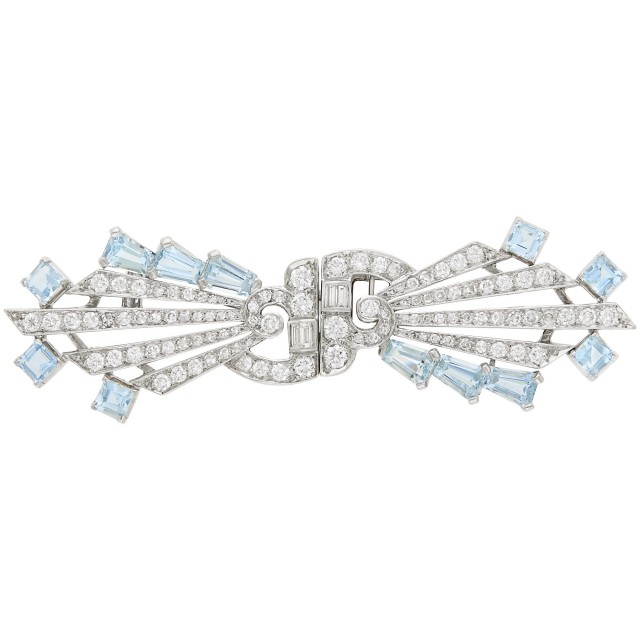 Platinum, Aquamarine and Diamond Double Clip-Brooch