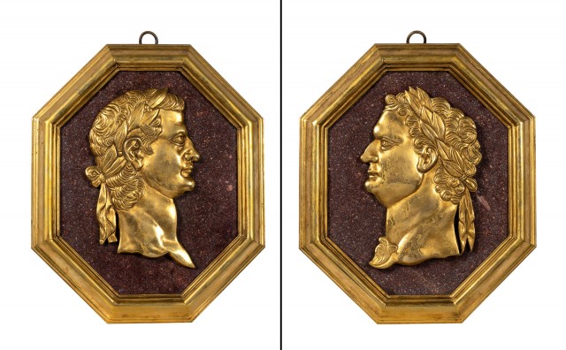 Pair of Neoclassical Style Gilt-Bronze and Porphry Profile Portrait Plaques