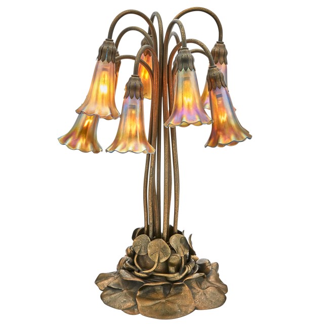 Tiffany Studios Bronze and Gold Favrile Glass Ten-Light Pond Lily Lamp