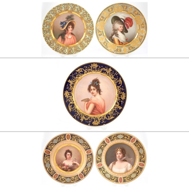 Group of Five Vienna Style Gilt and Hand-Painted Porcelain Portrait Cabinet Plates