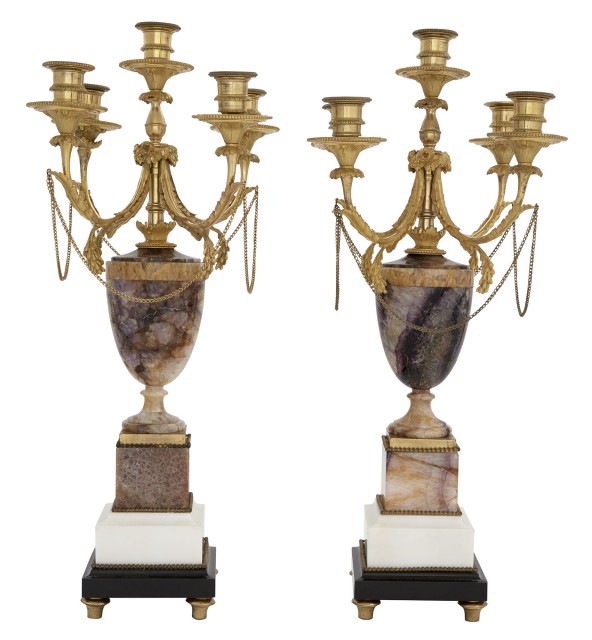 Pair of North European Blue John and Ormolu-Mounted Five-Light Candelabra