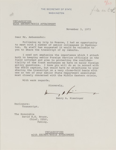 KISSINGER, HENRY  Typed letter signed to David K.E. Bruce, first United States emissary to the People's Republic of China.