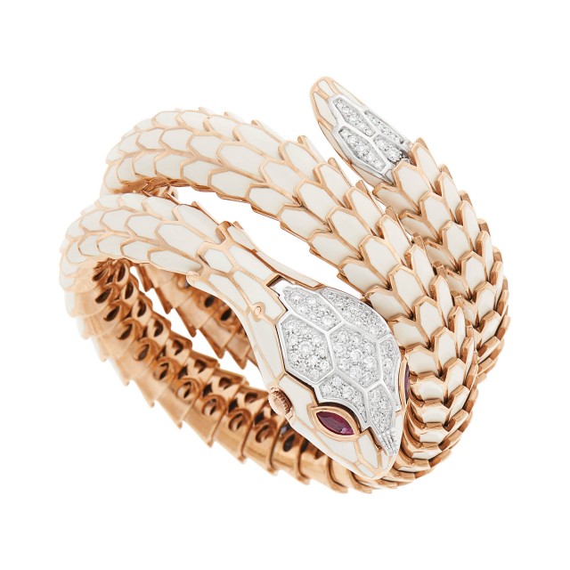 Alexis Rose Gold-Plated Silver, White Enamel and Diamond Snake Bracelet-Watch