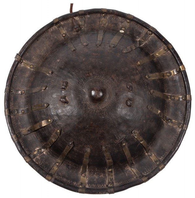 African Leather and Brass-Mounted Ceremonial Shield