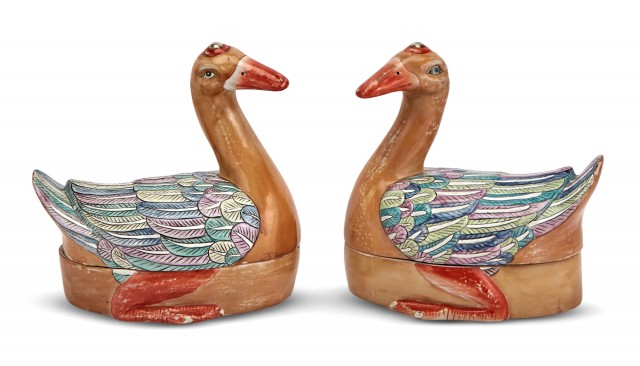 Pair of Chinese Export Style Porcelain Duck Tureens