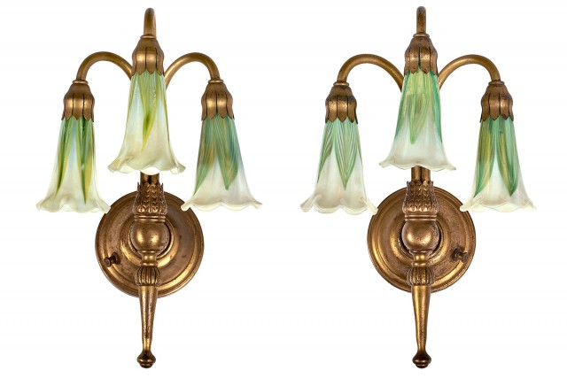 Pair of Tiffany Studios Gilt-Bronze and Favrile Glass Three-Light Lily Sconces