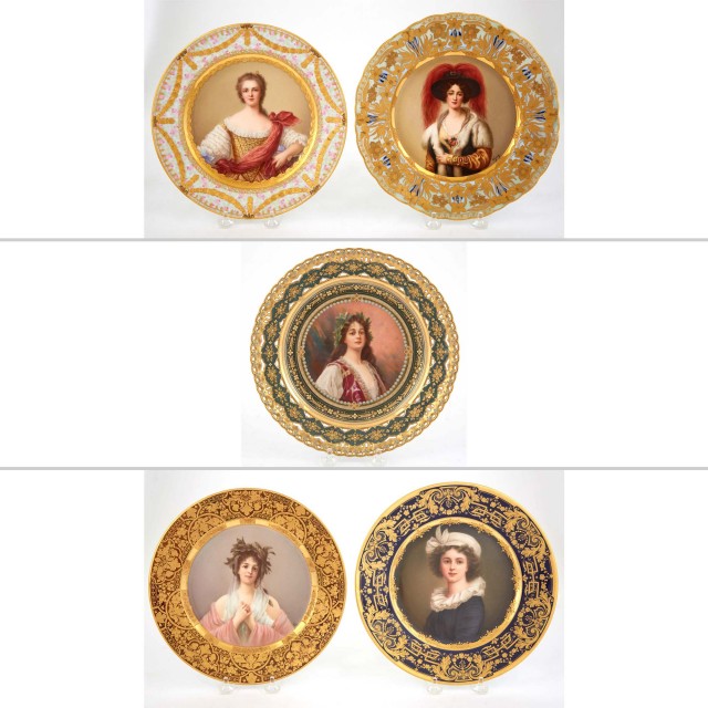 Group of Five Vienna Style Gilt and Hand-Painted Porcelain Cabinet Plates