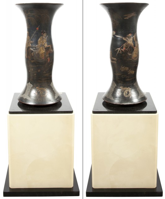 Pair of Continental Terracotta Faux-Japanned Large Beaker Vases