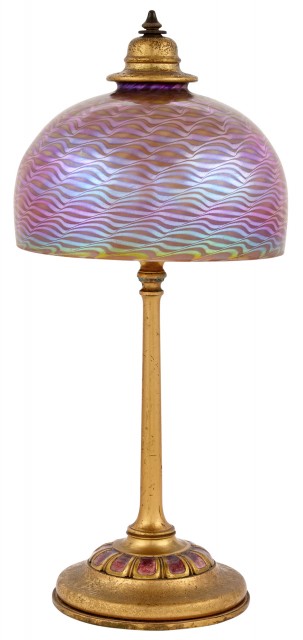 Louis C. Tiffany Furnaces, Inc., Art Deco Pink Enameled Gilt-Metal and Favrile Glass Desk Lamp