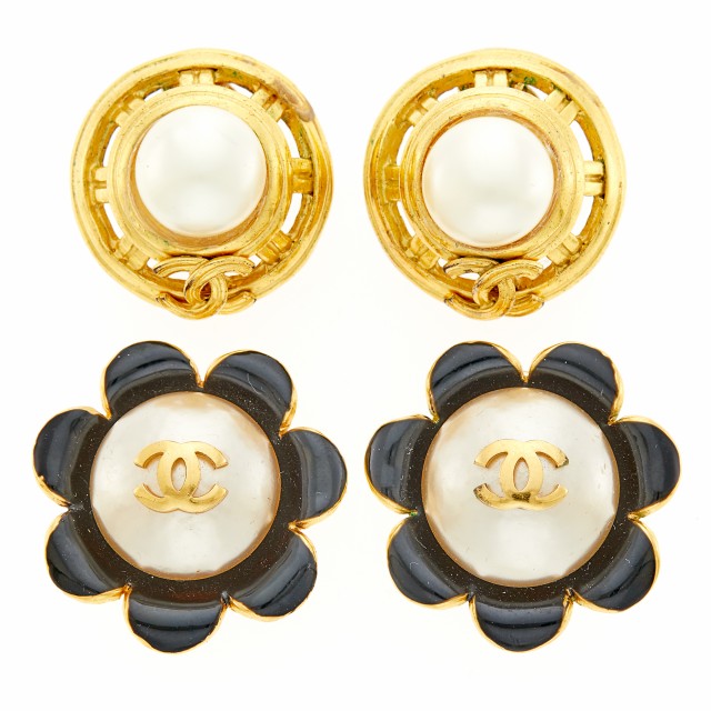 Chanel Two Pairs of Gilt-Metal, Imitation Pearl and Black Enamel Earclips