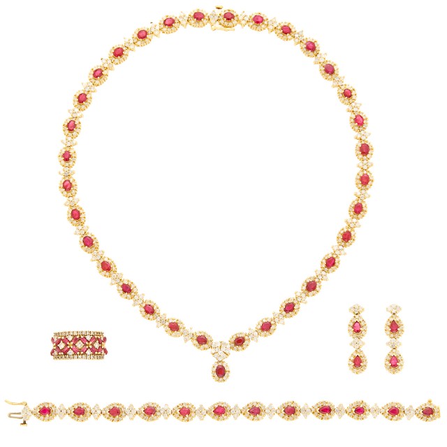 Gold, Ruby and Diamond Pendant-Necklace, Bracelet, Pair of Pendant-Earrings and Ring