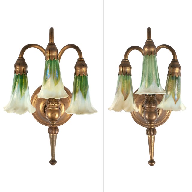Pair of Tiffany Studios Bronze and Favrile Glass Three-Light Lily Sconces
