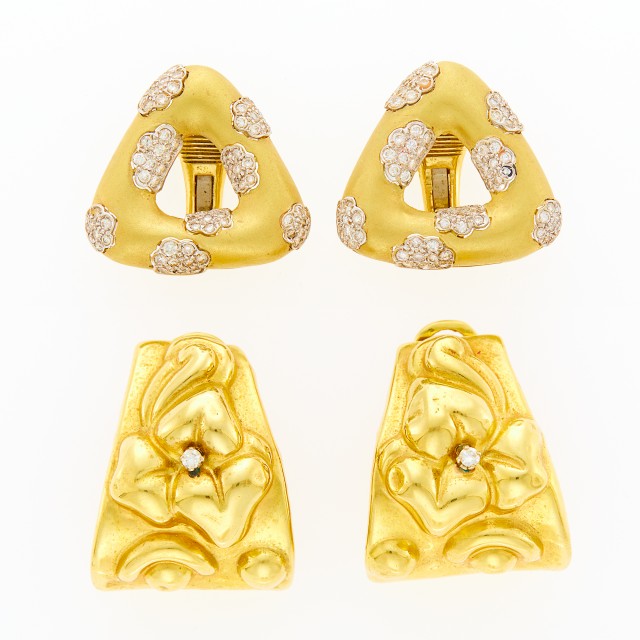 Pair of Gold and Diamond Earclips and Two-Color Gold and Diamond Earclips