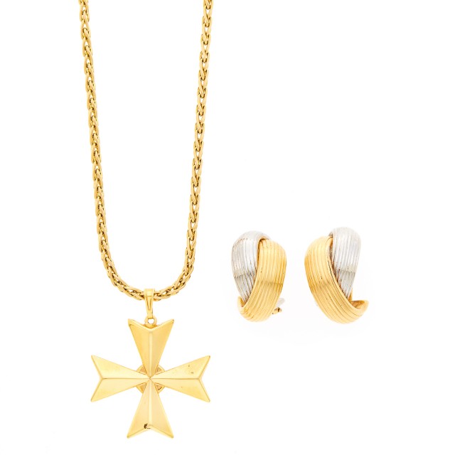 Pair of Two-Color Gold Earrings and Maltese Cross Pendant with Chain Necklace