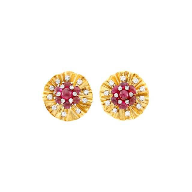 Trabert and Hoeffer, Mauboussin Pair of Gold, Cabochon Ruby and Diamond Earclips
